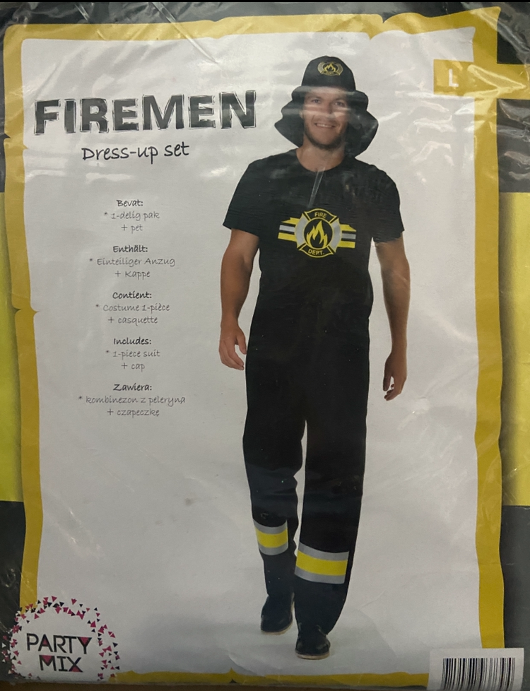 Brandweerman Kostuum – Zwart/Geel Outfit met Pet – Verkrijgbaar in M, L en XL