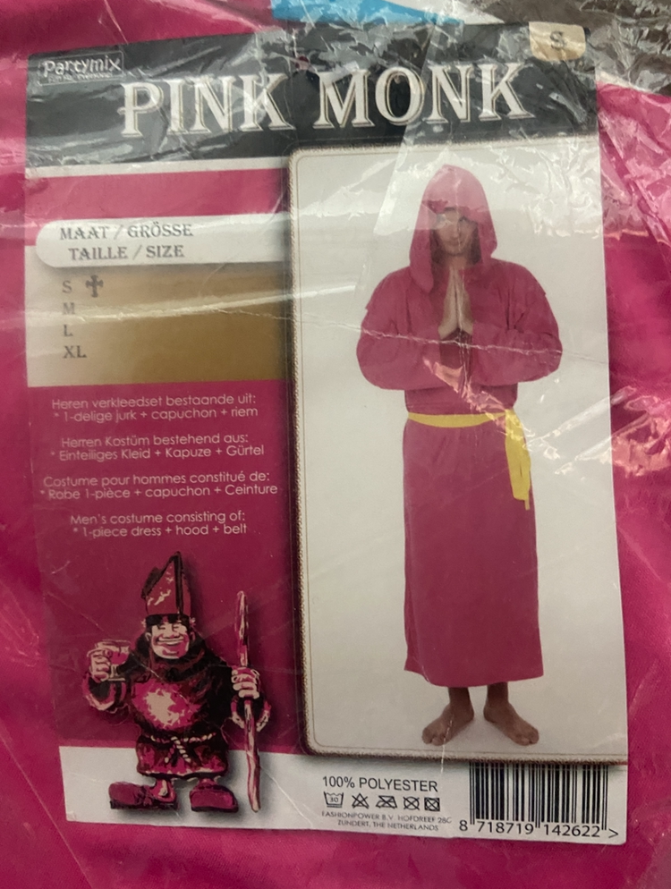 Pikante Pink Monk - Roze Monnik Verkleedset – Roze Jurk met Capuchon & Gele Riem
