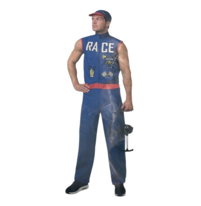 Verleidelijke Blauw Autocoureur Kostuum – Mouwloos Pak met Bijpassende Pet – Rollenspel Outfit - Size M / L/ XL