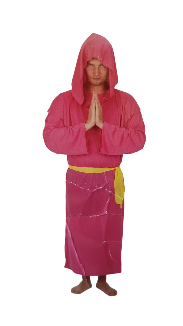 Pikante Pink Monk - Roze Monnik Verkleedset – Roze Jurk met Capuchon & Gele Riem