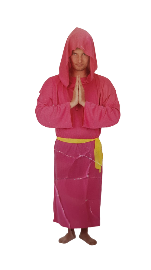Pikante Pink Monk - Roze Monnik Verkleedset – Roze Jurk met Capuchon & Gele Riem