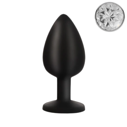 Zwarte Siliconen Buttplug met Transparante Kristal Lengte: 9,5cm Ø 4cm