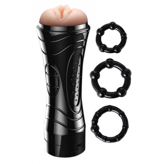 Quickies® Vibrating Masturbator Set met 3 Cockringen