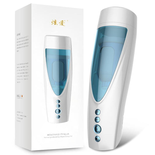 Foxshow - 63-00041 - Big size - 32 Cm - Masturbator cup - Vibrating, Rotating and Flashing Masturbation - USB rechargeable - 10 speed + 10 Function / Talk Mode - Dia outside 10 cm - Luxury Giftbox - white /with blue