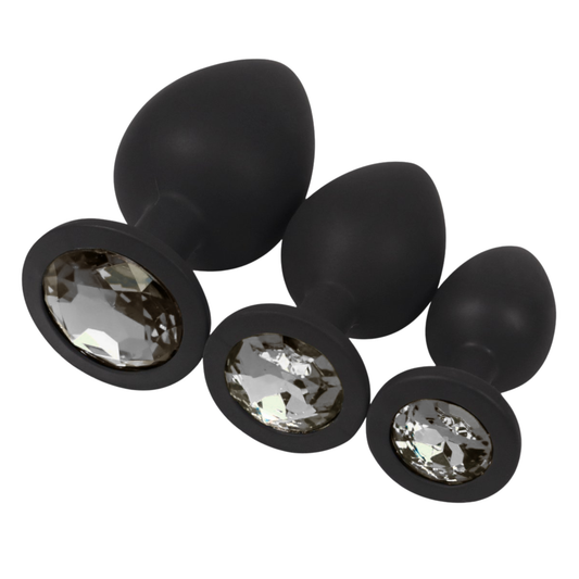 Zwarte Siliconen Buttplug Set met Transparante Kristal