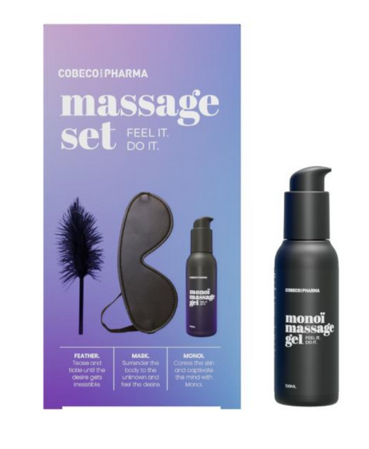 Massage Set – Monoi Massage Gel + Feather + Mask – 3-Piece Sensual Kit