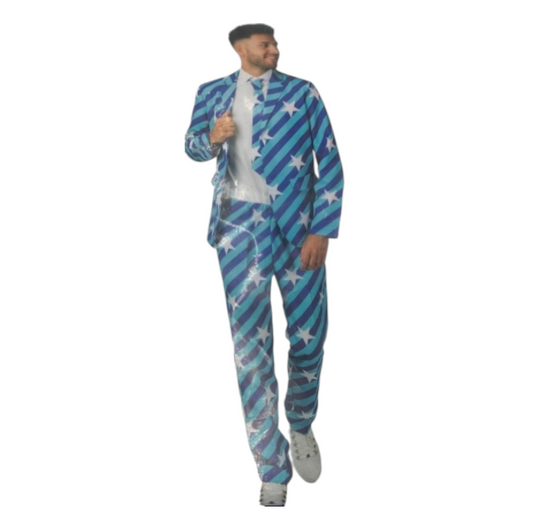 Kinky Mannen Verkleedset – Blauw Kostuum met Witte Sterren – Broek, Blazer & Stropdas