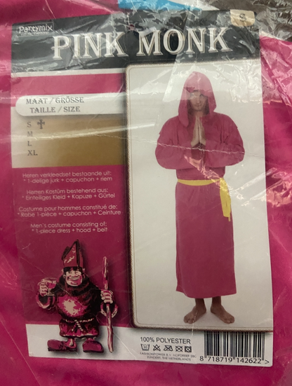 Pikante Pink Monk - Roze Monnik Verkleedset – Roze Jurk met Capuchon & Gele Riem