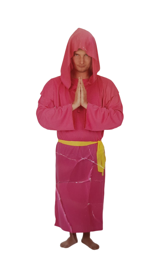 Pikante Pink Monk - Roze Monnik Verkleedset – Roze Jurk met Capuchon & Gele Riem